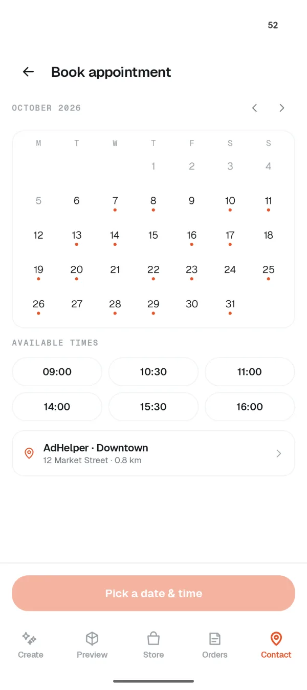 Appointment booking calendar with available times