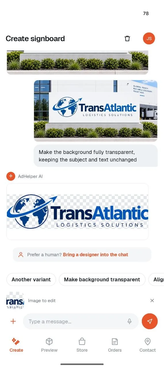 Create tab: AI chat making the background of a TransAtlantic logo sign transparent