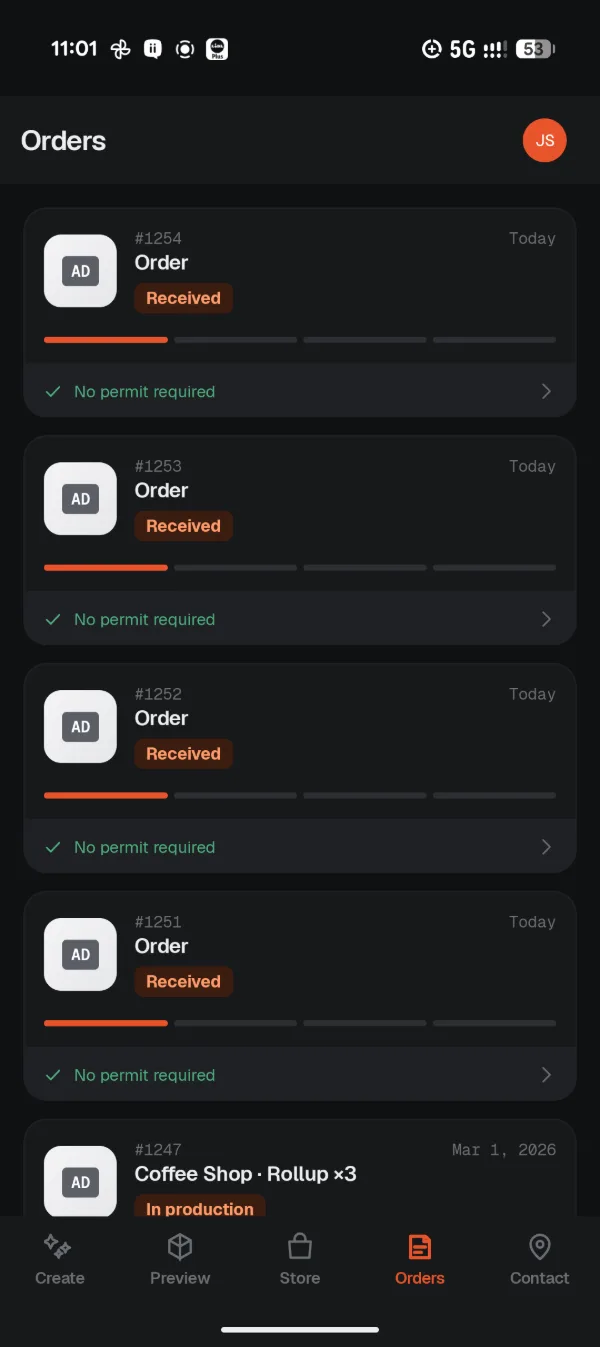 Orders tab in dark mode