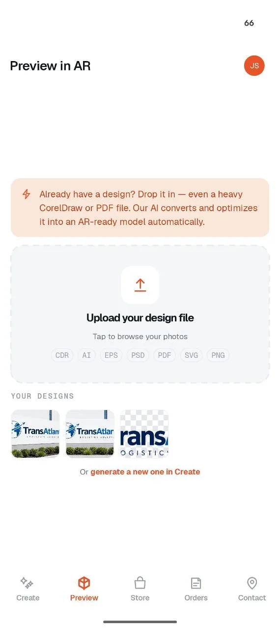 Preview tab: upload a CDR, AI, EPS, PSD, PDF, SVG or PNG file and reuse saved designs
